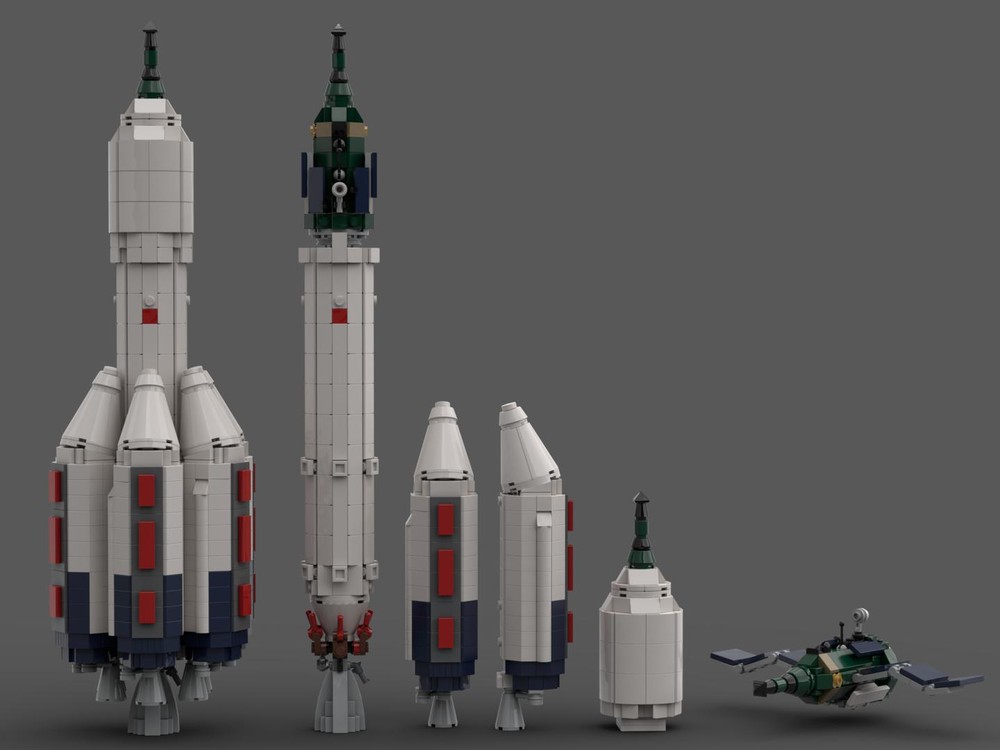 Lego UR-500 MK with TKS spacecraft [1:110 Saturn V scale] 1975 variant of the Proton rocket