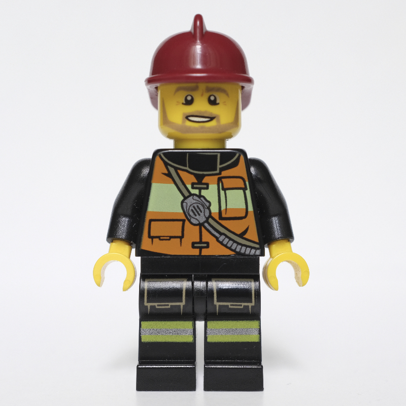 Lego Fireman, Orange Safety Vest with Radio, Dark Red Helmet, Beard