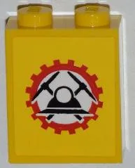 Brick 1 x 2 x 2 with Inside Stud Holder with Miners Logo (Helmet with Crossed Pickaxes in Gear) on Yellow Background Pattern (Sticker) - Set 4202