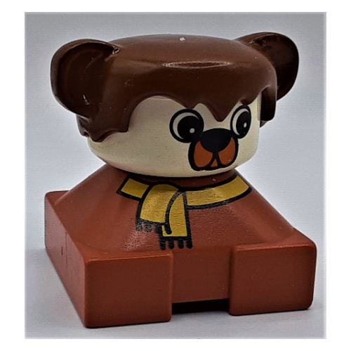 Lego Duplo 2 x 2 x 2 Figure Brick, Hair with Bear / Dog Ears, White Face, Yellow Scarf Print / Fabuland Brown