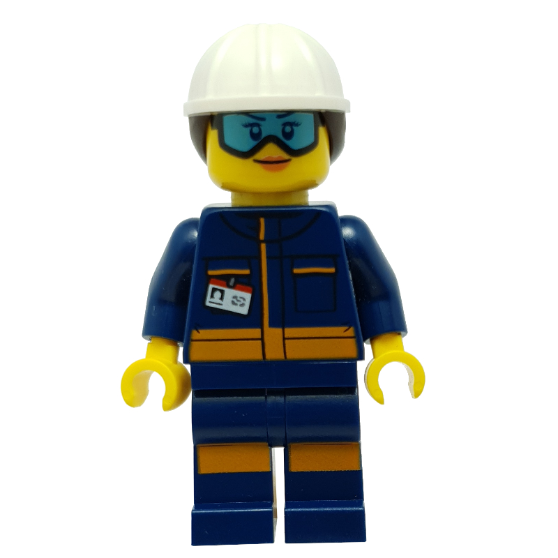 Lego Technician - Dark Blue Torso, Dark Blue Legs, White Helmet, Dark Brown Hair
