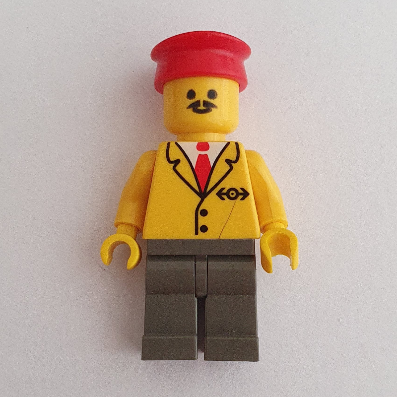 Lego Train Employee - Yellow Torso, Dark Grey Legs, Red Hat