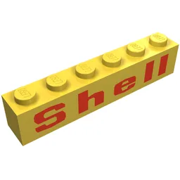 Brick 1 x 6 with 'Shell' Squared 'e', Red Print / Yellow