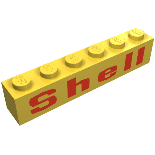 Lego Brick 1 x 6 with 'Shell' Squared 'e', Red Print / Yellow