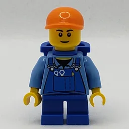 Boy, Blue Overalls, Short Blue Legs, Orange Cap, Reddish Brown Eyebrows