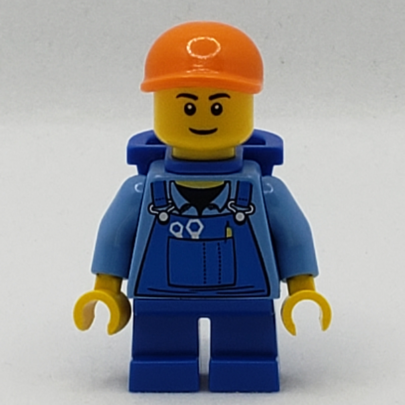 Lego Boy, Blue Overalls, Short Blue Legs, Orange Cap, Reddish Brown Eyebrows