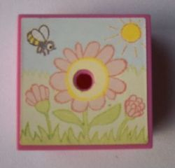 Lego Container, Box 3 1/2 x 3 1/2 x 1 1/3 with Hinged Lid with Flowers, Sun and Bee Pattern (Sticker) - Sets 3119 / 3241 / Dark Pink
