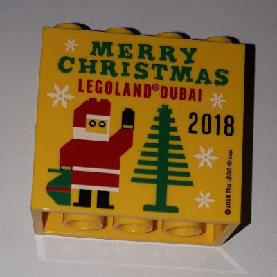 Lego Brick 2 x 4 x 3 with 'LEGOLAND DUBAI MERRY CHRISTMAS 2018' Print / Yellow