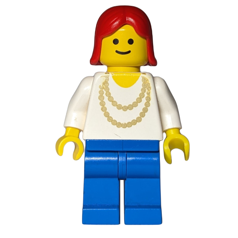Lego Woman - Gold Necklace, White Torso, Blue Legs, Red Hair