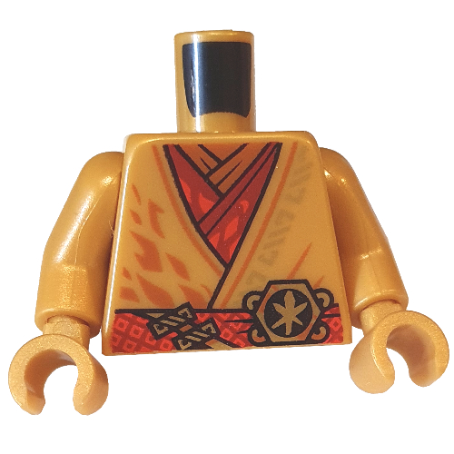 Lego Torso Robe with Red Sash, Tunic, Orange Shirt, Gold Asian Symbol print, Pearl Gold Arms and Hands / Pearl Gold