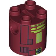 Lego Brick Round 2 x 2 x 2 Robot Body, Axle Holder '+' Orientation with Black and Lime Astromech Droid Print (R7-A7) / Dark Red