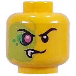 Minifig Head Mutant Blacktron, Black Eyebrows, Right Side Lime, Dark Green Sports, Purple Eye, Fang / Yellow