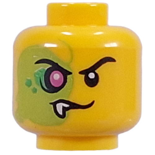 Lego Minifig Head Mutant Blacktron, Black Eyebrows, Right Side Lime, Dark Green Sports, Purple Eye, Fang / Yellow