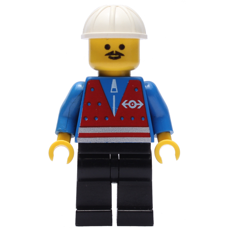 Lego Train Worker - Red Vest, Black Legs, White Helmet, Mustache