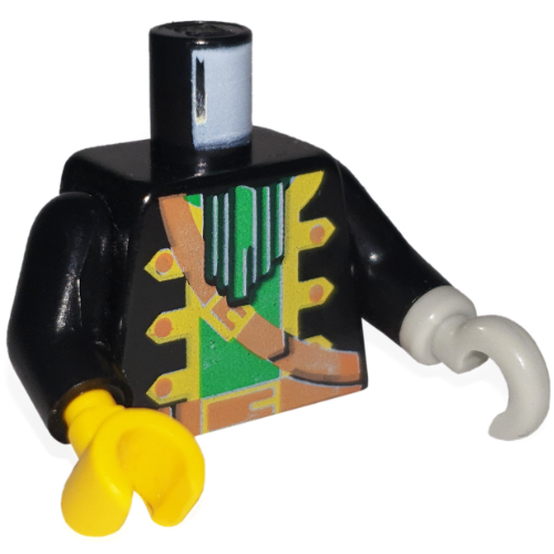 Lego Torso Pirate Captain Jacket, Green Ascot and Undershirt, Brown Shoulder Strap and Belt Print, Black Arms, Yellow Hand Right, Light Gray Hook Left / Black