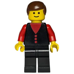 Man, Black Vest over Red Shirt, Black Legs, Brown Hair