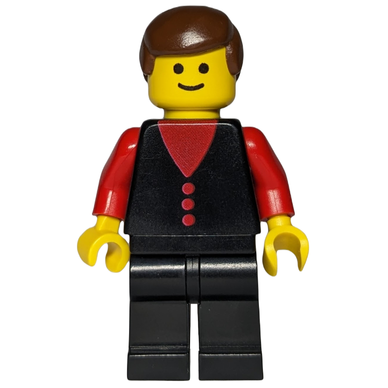 Lego Man, Black Vest over Red Shirt, Black Legs, Brown Hair