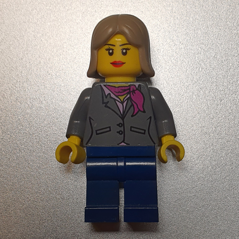 Lego Woman, Dark Bluish Gray Jacket with Magenta Scarf, Dark Blue Legs, Dark Tan Hair