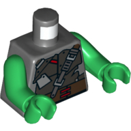 Lego Torso Strapped Armor Plates with Brown Belt with Red Clasps Print, Green Arms and Hands / Dark Bluish Gray