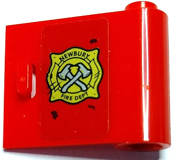 Lego Door 1 x 3 x 2 Right - Open Between Top and Bottom Hinge with Gold 'NEWBURY FIRE DEPT' Badge and Crossed Silver Axes Pattern (Sticker) - Set 70436