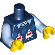Lego Torso Knit Vest with 3 Blue Diamonds and White and Red Creatures over Bright Light Blue Shirt with Collar Print, Bright Light Blue Arms, Yellow Hands / Dark Blue