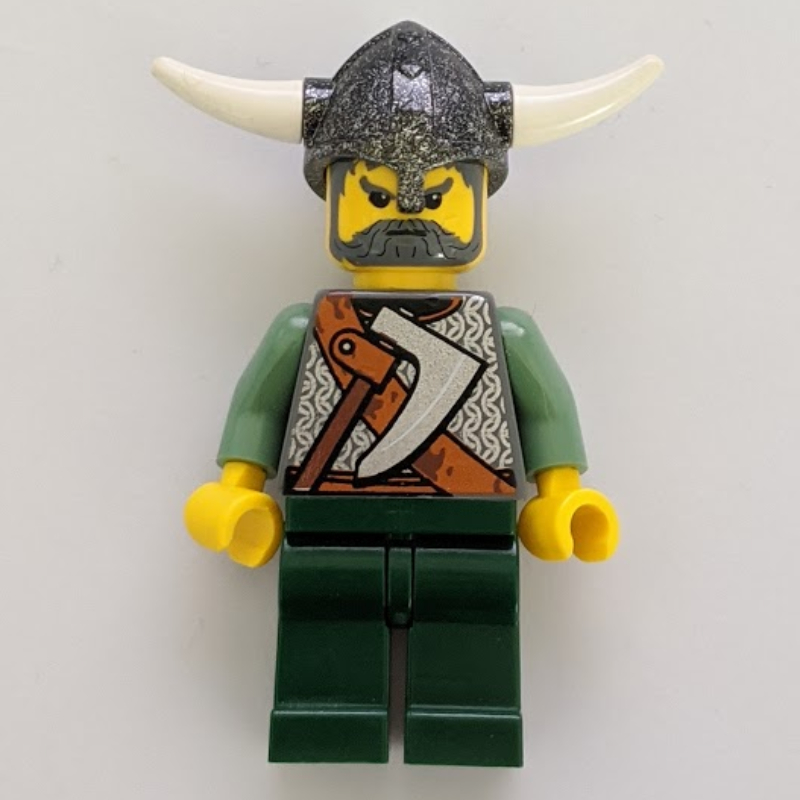 Lego Viking Warrior - Armour, Battle Axe on Torso, Sand Green Arms, Dark Green Legs, Gray Hair