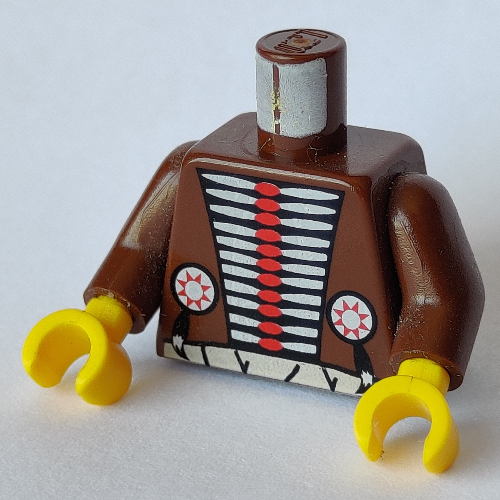 Lego Torso American Indian Buckskin with Hair Pipe Bead Breastplate and White Belt Print, Brown Arms, Yellow Hands / Brown