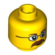 Lego Minifig Head Diver, Glasses, Brown Eyebrows and Moustache Closed Mouth / Open Mouth Scared Print / Yellow