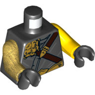 Lego Torso, Odd Arms, Robe, Dark Brown Belt, Gold Decorations Print, Left Yellow Arm, Right Pearl Gold Arm, Black Hands / Black