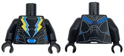 Torso Super Hero Costume with Dark Bluish Gray Armor Details, Dark Azure and Yellow Lightning Bolts, Belt with Buckle Pattern / Black Arms / Black Hands / Black