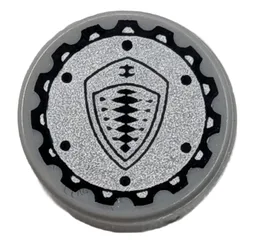 Tile, Round 1 x 1 with Black Koenigsegg Logo and Dots on Silver Gear Pattern