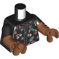 Lego Torso, Dual Molded Arms with White/Coral Flowers, Sand Green Leaves, Dark Blue and White Stripes on Left Arm print, Black Sleeves Pattern, Sienna Brown Arms and Hands / Black
