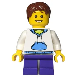 Boy, White and Blue Hoodie, Short Dark Purple Legs, Reddish Brown Hair