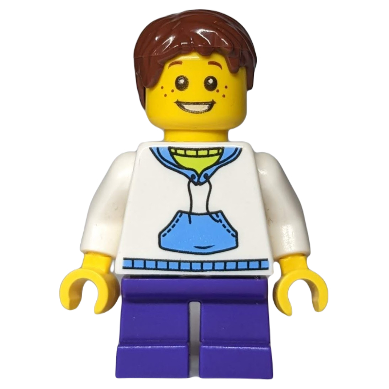 Lego Boy, White and Blue Hoodie, Short Dark Purple Legs, Reddish Brown Hair