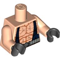 Lego Torso Bare Chest, Muscles with Dark Blue Suspenders and Silver Belt Print, Light Nougat Arms, Black Hands / Light Nougat