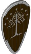 Lego Minifigure, Shield Oval with Silver Stars and Tree (White Tree of Gondor) on Dark Brown Wooden Background Pattern