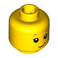 Lego Minifig Head Butterfly Girl, Dark Tan Eyebrows, Eyelashes, Lopsided Grin, Bright Light Blue Flower on Cheek Print / Yellow