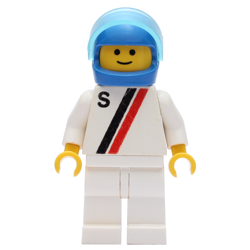Lego Racer, White Shirt with Two Stripes and 'S', White Legs, Blue Helmet with Visor