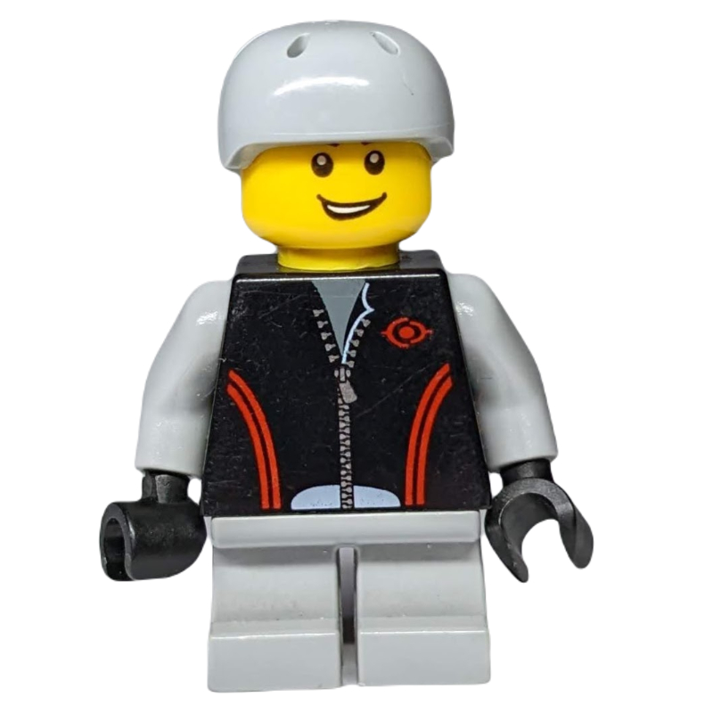 Lego Boy, Black Jacket with Zipper, Short Light Bluish Gray Legs, Helmet