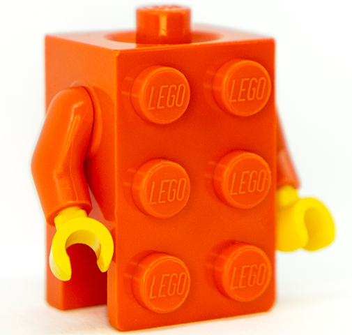 Lego Torso, 2 x 3 Brick Costume / Reddish Orange Arms / Yellow Hands (BAM)