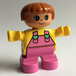 Duplo Figure, Early Child, with Straight Hair Fabuland Brown, Dark Pink Legs, Dark Pink Overalls with Medium Green Hearts on Straps Print / Yellow