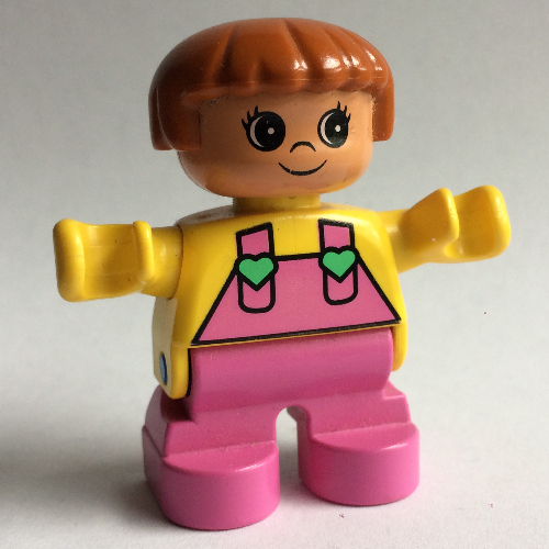 Lego Duplo Figure, Early Child, with Straight Hair Fabuland Brown, Dark Pink Legs, Dark Pink Overalls with Medium Green Hearts on Straps Print / Yellow