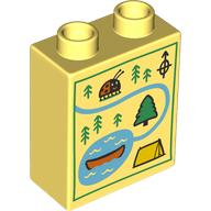 Lego Duplo Brick 1 x 2 x 2 with Map, Ladybug, Trees, River, Lake, Tent, Cano print / Bright Light Yellow
