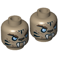 Lego Minifig Head Strainor, Dual Sided, Tiger with Fur, Fangs, Light Blue Eyes and Black Stripes, Neutral / Angry Print [Hollow Stud] / Dark Tan