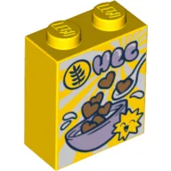 Brick 1 x 2 x 2 with Breakfast Cereal HCC Hearts, Spoon, Bowl Print / Yellow