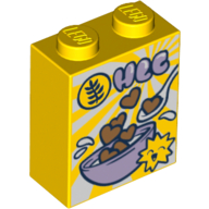Lego Brick 1 x 2 x 2 with Inside Stud Holder with Breakfast Cereal HCC Hearts, Spoon, Bowl print / Yellow