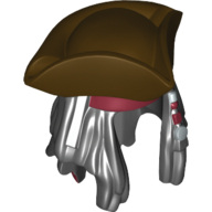 Lego Hair and Hat, Dreadlocks with Beads, Dark Red Bandana Print and Tricorne [DUAL MOLD] / Black
