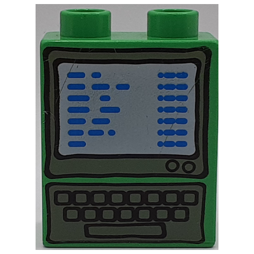 Lego Duplo Brick 1 x 2 x 2 with Computer Screen and Keyboard Print / Bright Green