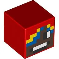 Minifig Head Special, Cube with Medium Brown Face, Yellow/Blue Hair Print / Red