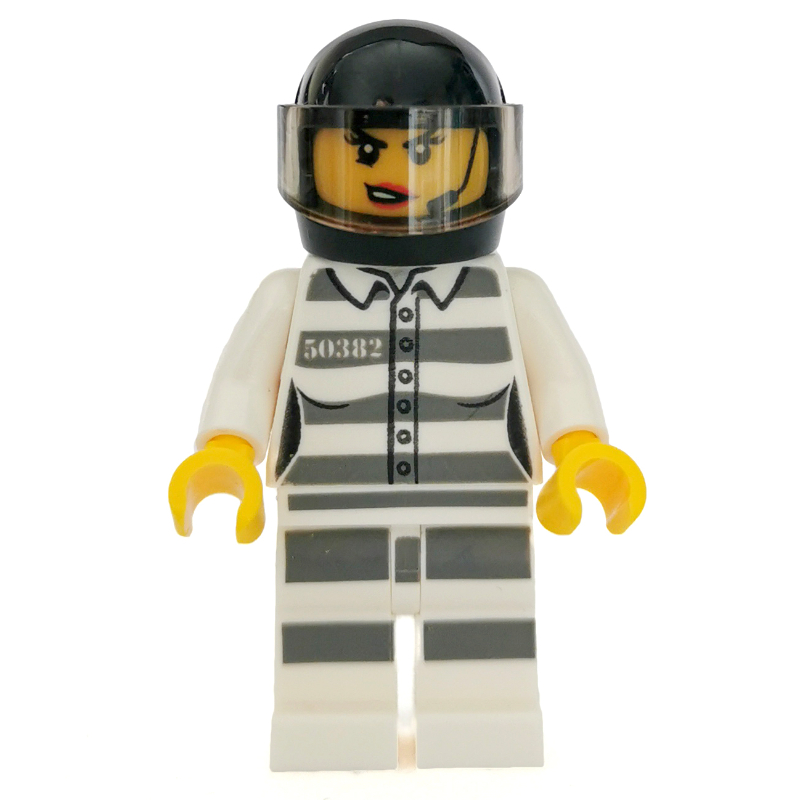 Lego Criminal, Woman, Prison Shirt with #50382, Black Helmet with Visor, Headset